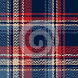 Tartan check plaid pattern in navy blue, red, beige for spring autumn winter. Seamless herringbone textured large vector.