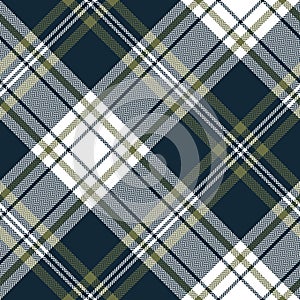 Tartan plaid pattern autumn winter in navy blue, khaki green, white. Seamless herringbone textured check plaid graphic background.