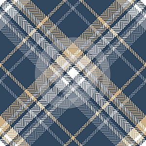 Tartan plaid pattern in blue, gold, white. Herringbone textured seamless diagonal check plaid for flannel shirt, scarf, blanket.