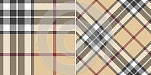 Tartan plaid pattern in grey, beige, red, white. Seamless traditional Thomson tartan check graphic vector for scarf, carpet, rug.