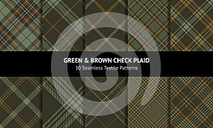 Tartan plaid pattern set in green and brown. Seamless dark check vector backgrounds for flannel shirt, skirt, jacket, coat.