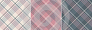 Tartan plaid pattern set in grey, pink, beige for spring autumn winter. Seamless hounds tooth tartan check vector print for scarf.