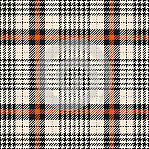 Tartan plaid pattern tweed in black, orange, beige. Seamless glen check plaid graphic texture background for dress, skirt, scarf.