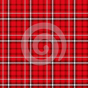 Tartan plaid seamless pattern. Checkered fabric texture print in stripes of red, dark red, black and white