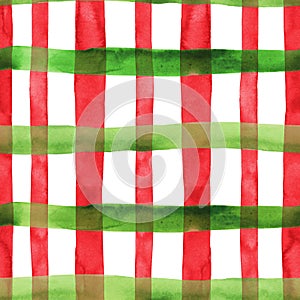 Tartan plaid seamless pattern with watercolor red and greeen stripes on white background. Christmas and New Year style print