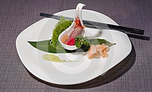 Tartare of raw red shrimp with wasabi and gari