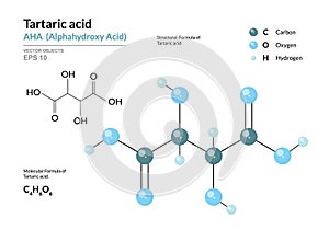 Tartaric acid. AHA Alphahydroxy acid. Structural chemical formula and molecule 3d model. Atoms with color coding. Vector