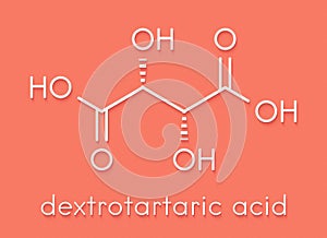 Tartaric acid dextrotartaric acid molecule. Acid present in wine, added as oxidant additive E334 to food. Skeletal formula.