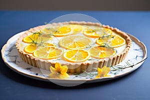 tarte au citron with a creamy swirl, candied lemon atop