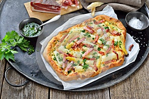 Tarte flambee with asparagus and bacon