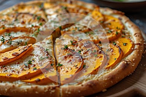 Tarte Flambee with soft goat cheese- pumpkin slices and fresh thyme