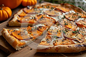 Tarte Flambee with soft goat cheese- pumpkin slices and fresh thyme.