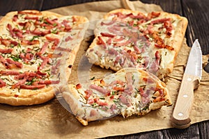 Tarte flambee, traditional alsatian pizza.