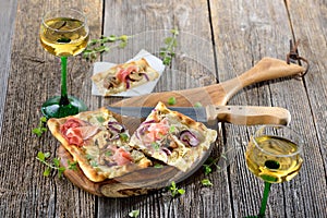 Tarte flambee with wine photo