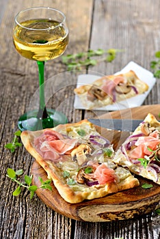 Tarte flambee with wine photo