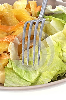 Tartiflette and salad served on a plate with a fork close-up