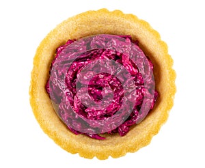 Tartlet with beetroot salad isolated on white. Top view