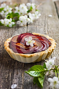 Tartlet with plum on wooden background photo
