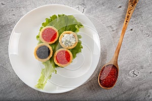 Tartlets filled with red and black caviar and cheese and dill salad on white plate against rustic wooden background