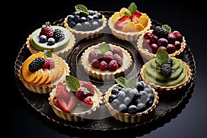 Tartlets with fruits and berries. Generative AI