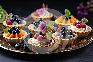 Tartlets with fruits and berries. Generative AI