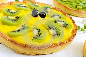 Tartlets, tartas from custard, kiwi and black currant on a white wooden background. photo