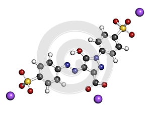 Tartrazine E102 food dye molecule. Yellow azo dye used in food, beverages, pharmaceuticals, etc. Allergenic.