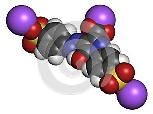 Tartrazine E102 food dye molecule. Yellow azo dye used in food, beverages, pharmaceuticals, etc. Allergenic.