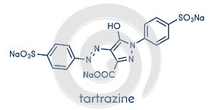 Tartrazine E102 food dye molecule. Yellow azo dye used in food, beverages, pharmaceuticals, etc. Allergenic. Skeletal formula.