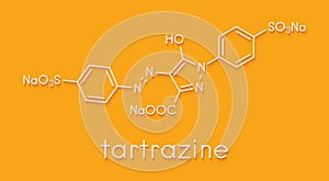 Tartrazine E102 food dye molecule. Yellow azo dye used in food, beverages, pharmaceuticals, etc. Allergenic. Skeletal formula.