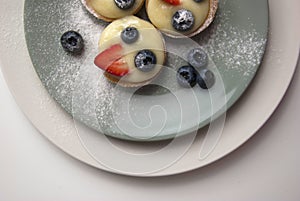 Tarts with custard, fresh berries and powdered sugar. Dessert Tartlets