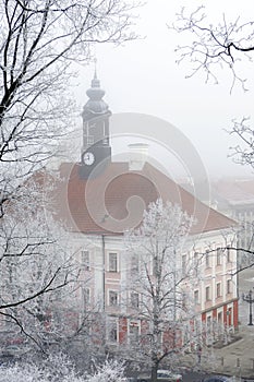 Tartu town hall in winter fog