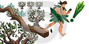 Tarzan distracted smartphone walking off tree-branch vector graphics illustration.