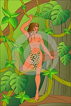 Tarzan in the jungle among tropical plants and vines