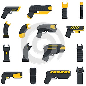 Taser police icons set, cartoon style