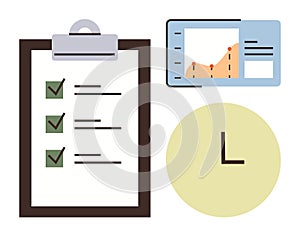 Task Checklist with Chart and Clock Representing Productivity and Time Management