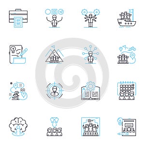 Task completion linear icons set. Finish, Accomplish, Success, Fulfillment, Goal, Achievement, Completion line vector