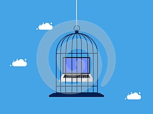 Task control. Confine or lock the laptop in the birdcage. business and investment concept