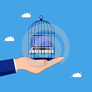 Task control. Confine or lock the laptop in the birdcage. business and investment concept