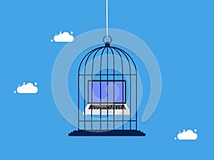 Task control. Confine or lock the laptop in the birdcage. business and investment concept photo