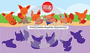 Task for development care and logic for children. Learn and play at same. Find right shade for each fox connect it with