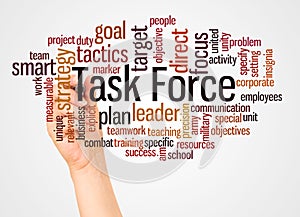 Task Force word cloud and hand with marker concept