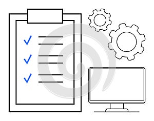 Task List with Gears and Computer for Workflow and Productivity Management