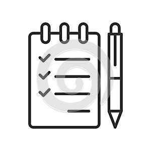 Task notepad icon in line design. task, notepad, checklist, pen, writing, document, planning on white background vector. Task