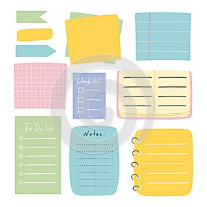 Task planners in hand drawn style. Cute paper notes, to-do lists, notepads, paper sheets, bookmarks.