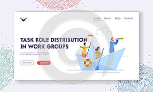 Task Role Distribution in Work Groups Landing Page Template. Business People Sailing On Paper Boat. Businessmen Team