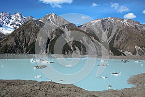 Tasman Glacier Lake during sunny day with icebergs on water and snowy mountains in background