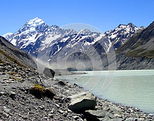 Tasman Lake and glacier in front of Mt. Cook photo