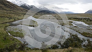 Tasman River and depressing cloudscape near Mount Cook, New Zealand