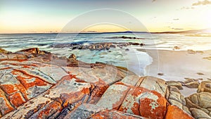 Tasmania Bay of Fires Sunset rocky shoreline